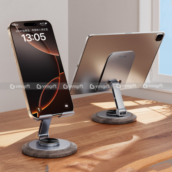 Giá đỡ điện thoại, máy tính in logo công ty đế gỗ tròn xoay 360 độ - Hình ảnh 3