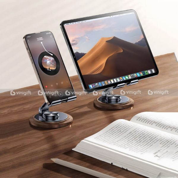 Giá đỡ điện thoại, máy tính in logo công ty đế gỗ tròn xoay 360 độ - Hình ảnh 2